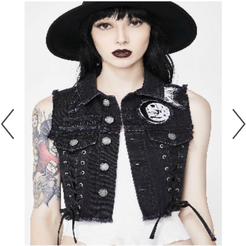 KILLSTAR Black Phased Out Denim Vest Skull Moon Distress Crop Medium (Small) - Picture 2 of 10